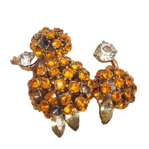 Vintage Amber Gold and Clear Rhinestone Poodle Dog Brooch Pin Accessory Damage